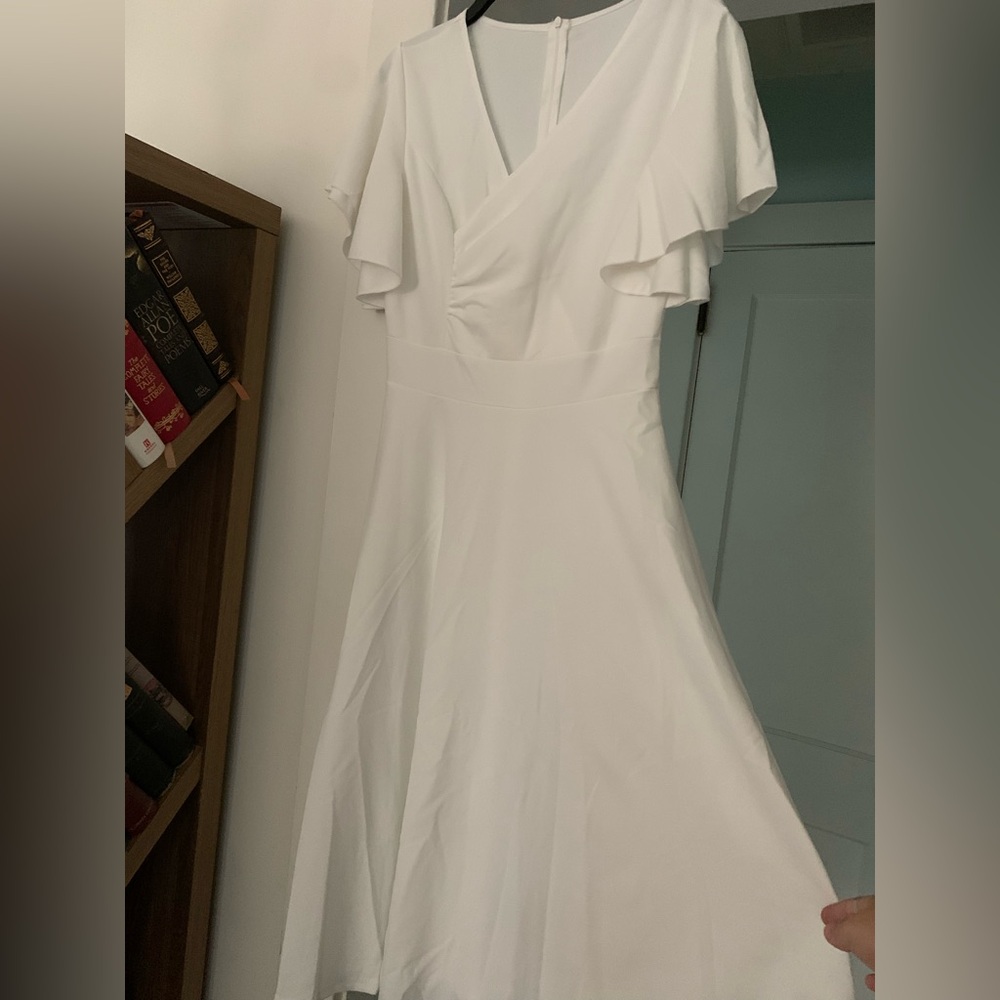 White Flutter Sleeve Mid Length Dress